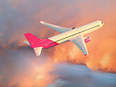 Aeroplane flying above pink clouds, illustration