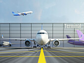 Commercial aeroplanes near airport terminal, illustration