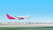 Commercial aeroplane taking off from runway, illustration