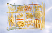 Various kinds of pasta separated into a grid