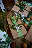Christmas gifts with pine cones and walnuts