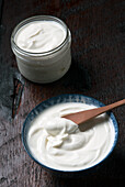 Greek yogurt in a bowl and jar