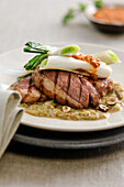 Duck breast with leek and hazelnut sauce