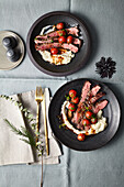 Sous-vide pepper flank steak on Jerusalem artichoke mash