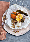 Baked mandarins with labneh, streusel and chestnut honey