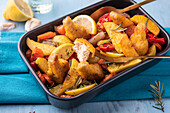 Oven vegetables with vegan chicken wings (made from soy protein)