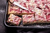 Vegan strawberry-vanilla sheet cake with almonds