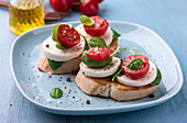 Toasted baguette slices with olive oil, basil, tomatoes and mozzarella substitute