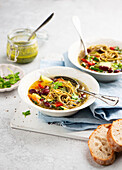 Minestrone with edamame noodles