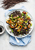 Black bean spaghetti with roasted vegetables