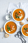 Carrot ginger and coriander soup with bread rolls