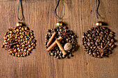 Aromatic spices collection and different coffee beans as Christmas balls shape