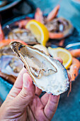 Hand with tasty oyster sitting at table with fresh seafood while having lunch in light restaurant