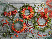 Wreaths of herbs and chilies