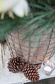 Basket and fir cones with candle on a shabby chair