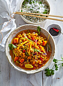 Red lentil and vegetable curry with rice