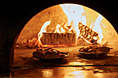 Zwei Teller mit Gerichten in einem Holzofen mit Feuer