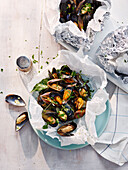 Moules a la mariniere (marinated mussels in parchment paper)