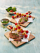 Grilled French lamb steaks and vegetable skewer