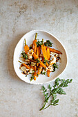 Baked carrots with winter radish and carrot greens pesto