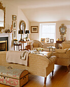 A traditional living room with a decorative chest behind a sofa and framed pictures mounted on the wall next to a fireplace