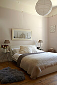 Pastel coloured bedroom in Brighton home, East Sussex, England, UK