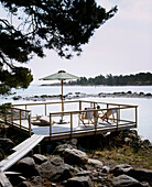 Wooden planks leading to a raised decked area with deck chairs and a parasol on the edge of a lake