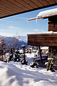 An exterior of a traditional Swiss wooden chalet snow pine trees mountains