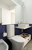 Blue tiled bathroom with large reflective mirror