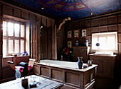 Panelled bathroom with zodiac painted ceiling in Georgian farmhouse