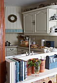 White kitchen with pastel blue accessories