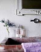 Toiletry bottle and cut flowers on marble basin in country home