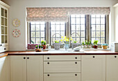 Flowering bulbs on kitchen windowsill of Oxfordshire home, England, UK