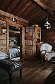 View through Living Room wo bedroom in Wooden cabin situated in the mountains of Sirdal, Norway