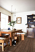 Cat sits under wooden dining table with cut flowers in Hastings home, East Sussex, England, UK