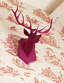 Pink deers head mounted on Toile de Jouy wallpaper in Welsh cottage, UK