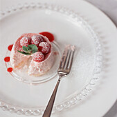Raspberry mousse dessert on a white plate