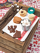 Marshmallows und Schokolade auf Kiste in Lagerfeuer Vorbereitung London England UK