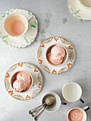 Rhubarb ice cream in pretty china cups