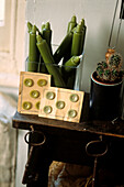 Buttons, candles and key still life