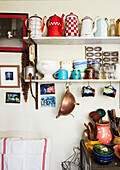 Collection of coffee pots with crockery and utensils in kitchen detail of Evershot home, Dorset, Kent, UK