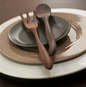 Teak spoon and fork on earth coloured plates