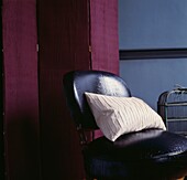 Silk cushion on leather chair with folding screen and birdcage
