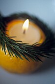 Pine tree brunch with burning candle