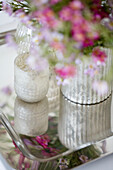 Vintage candle holders on silver tray in Petworth farmhouse West Sussex Kent