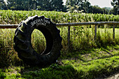 Traktorreifen am Zaun, der auf Brabourne cottage hinweist, Kent, UK