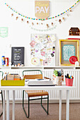 Vintage chair at desk with stationery in Alloa home  Scotland  UK