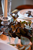 Glass candlestick and leaves in Rochester  Kent  UK