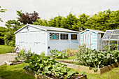 Residential garage and raised beds in garden  East Riding of Yorkshire  England  UK