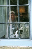 Fensterspiegelung einer Frau mit ihrem Hund